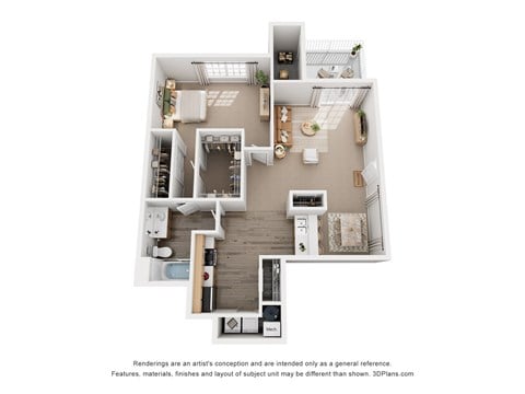 Floor plan for 1 bed, 1 bath, 885 sqft